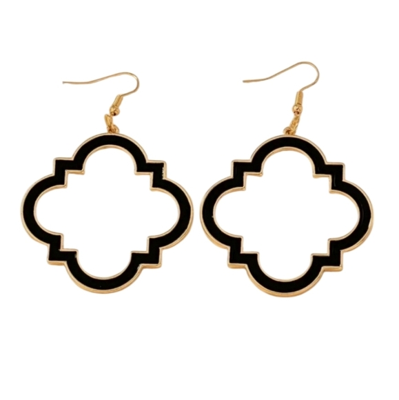 Black Hollow Geometric Dangle 18K Gold Plated Earrings - Picture 1 of 5